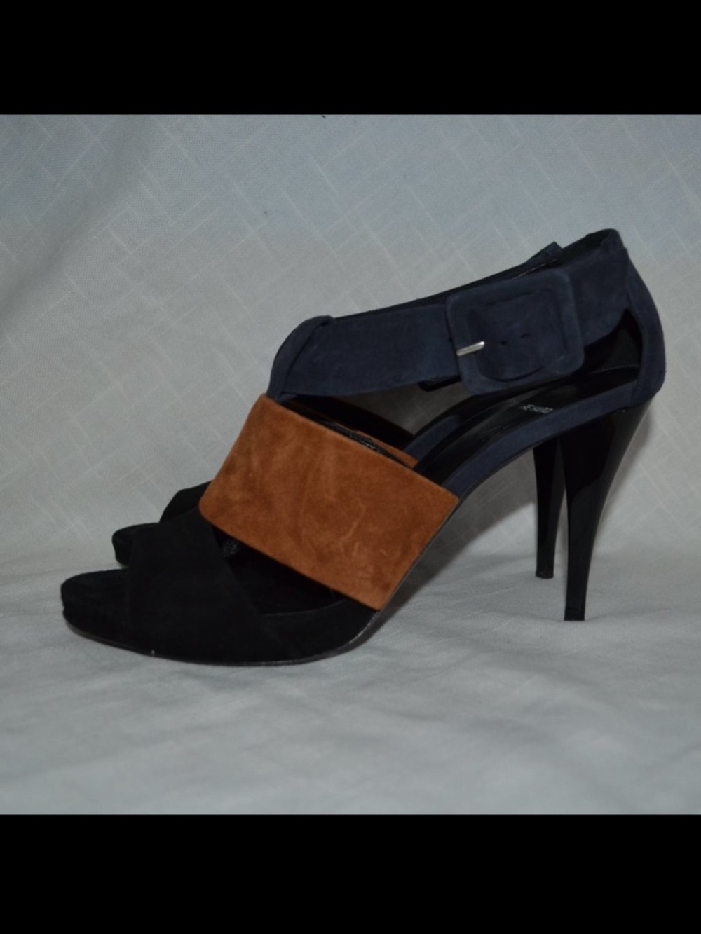 Sz 37 6.5 Pierre Hardy Black Navy Brown Suede Buckle Strap 4" Heels